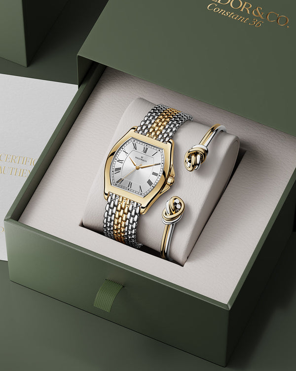 lifestyle_image, A square womens watch in 22k two-toned silver and gold plated 316L stainless steel from Waldor & Co. with domed mineral glass dial. Seiko movement. The model is Constant 36 Menaggio.