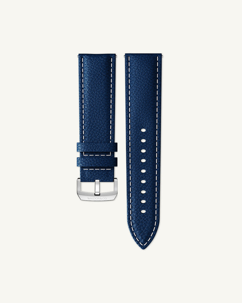 Blue Leather strap 22mm with white seam details and adjustable tang buckle, suitable for all wrist sizes.