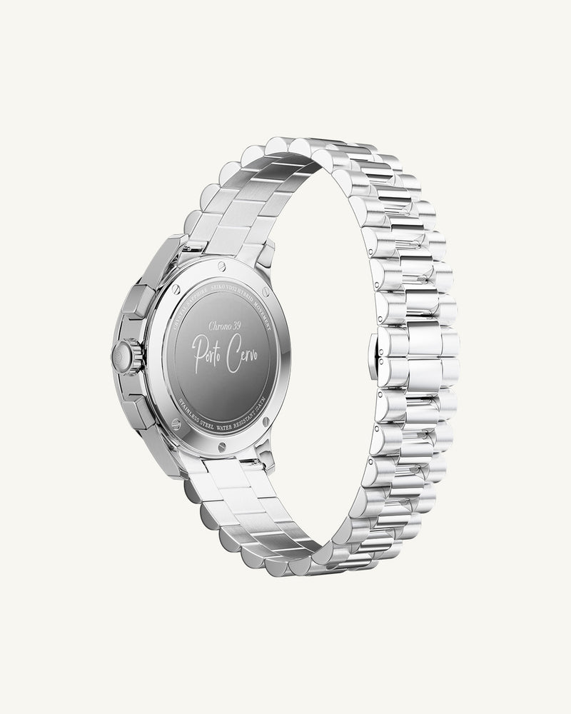 A round mens watch in rhodium-plated silver from Waldor & Co. with green sunray dial and a second hand. Seiko movement. The model is Chrono 39 Porto Cervo.