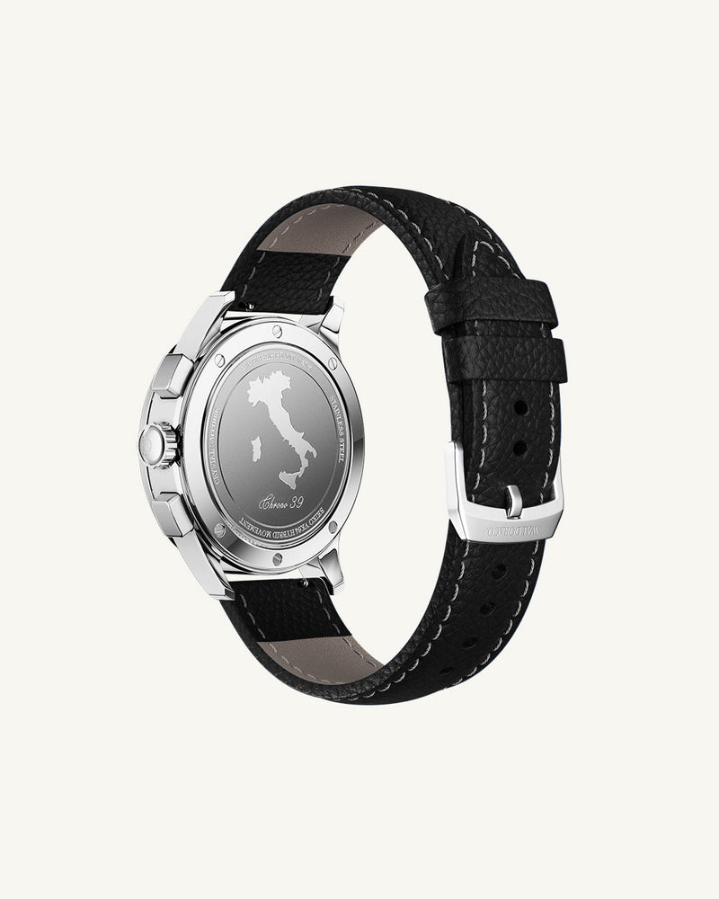 Black Leather strap 20mm with white seam details and adjustable tang buckle, suitable for all wrist sizes.