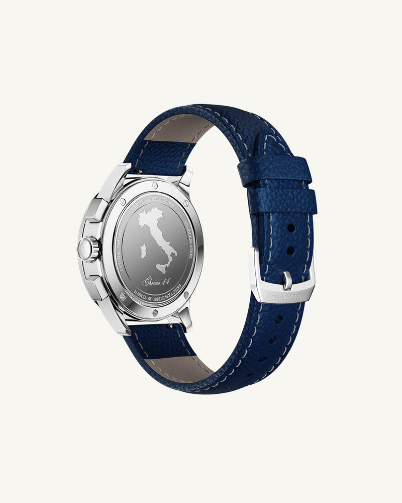 Blue Leather strap 22mm with white seam details and adjustable tang buckle, suitable for all wrist sizes.