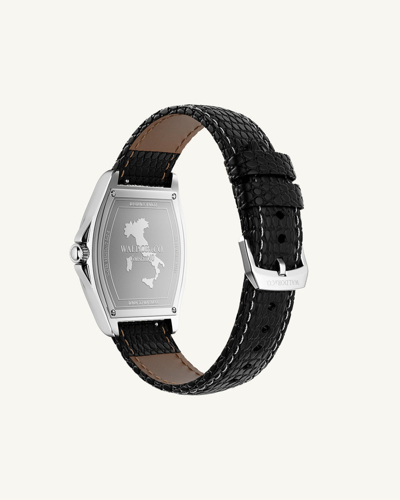 A square mens watch in Rhodium-plated 316L stainless steel from Waldor & Co. with white dial. Ronda movement. The model is Constant 40 Tremezzo 37x45mm.