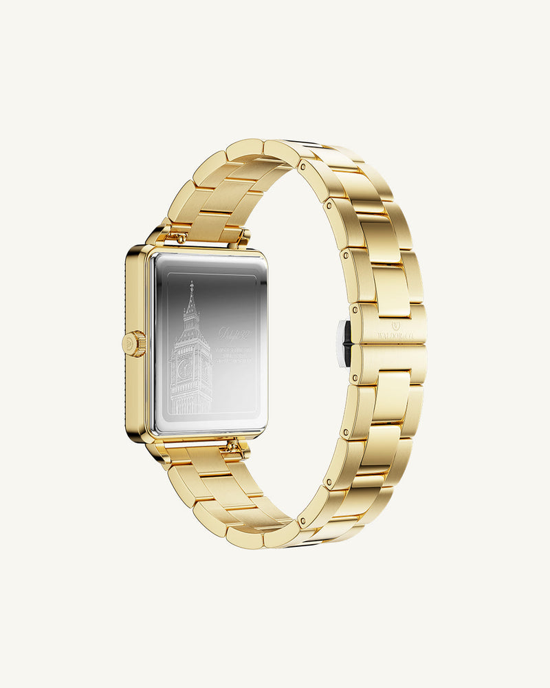 Solid steel strap in gold 16mm with butterfly clasp in silver, suitable for all wrist sizes.