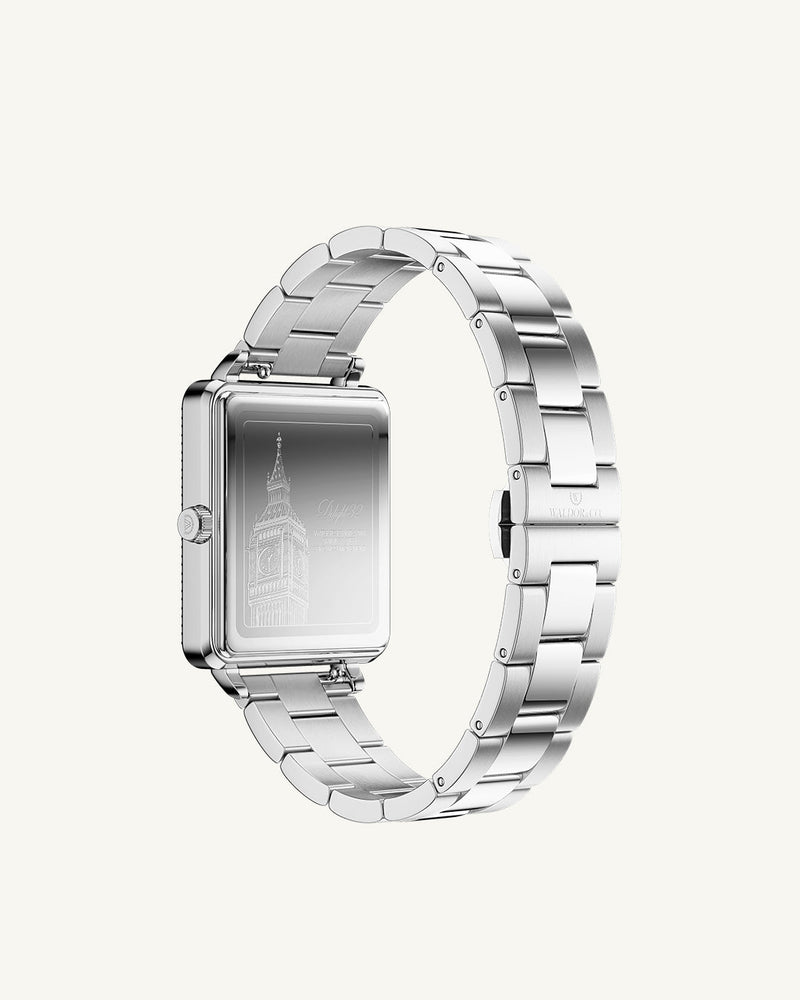 Solid steel strap in silver 16mm with butterfly clasp in silver, suitable for all wrist sizes.