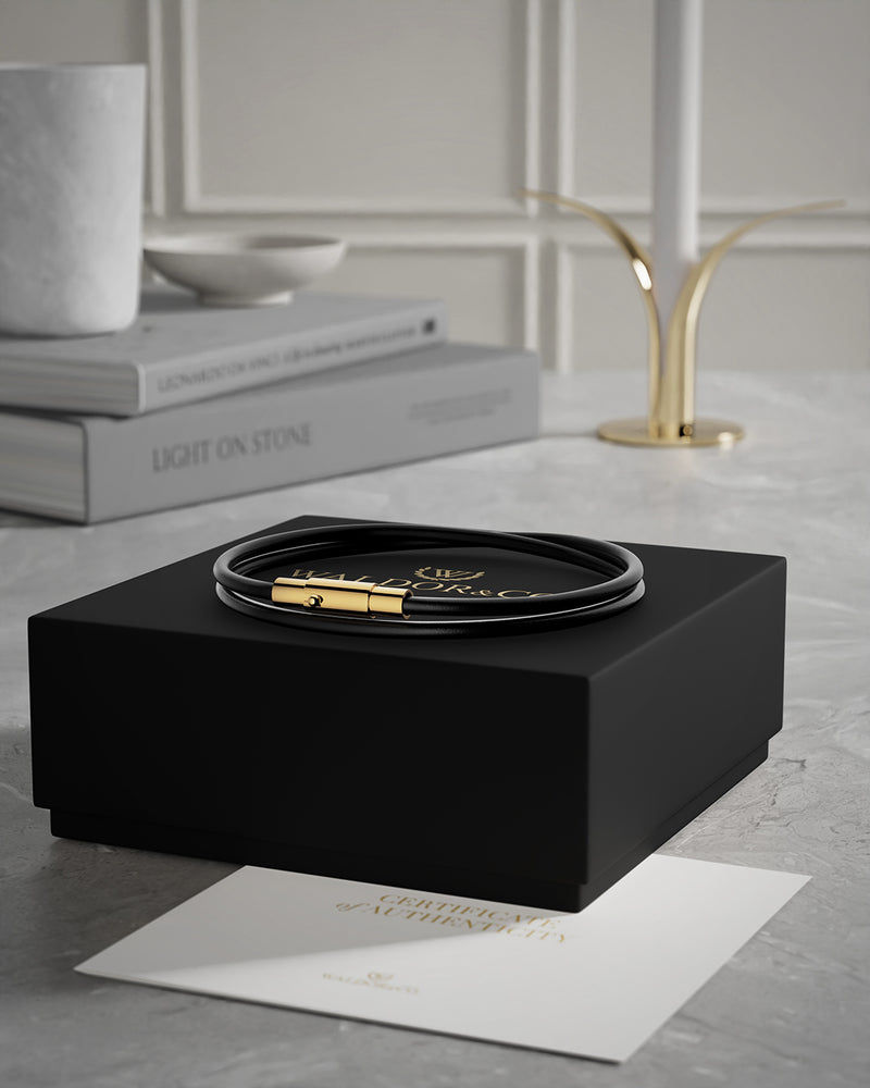 A Leather Bracelet in 14k gold-plated 316L stainless steel from Waldor & Co. The model is Dual Leather Bracelet Polished.