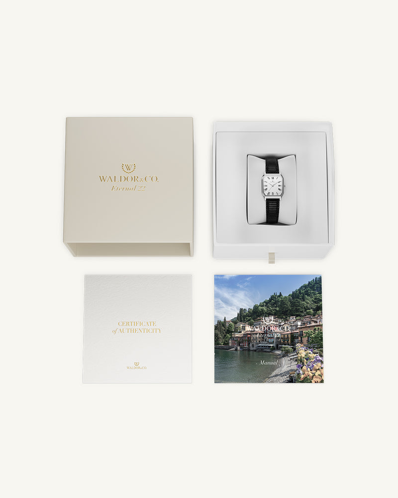 A square womens watch in Rhodium-plated 316L stainless steel from Waldor & Co. with white Diamond Cut Sapphire Crystal glass dial. Strap in black Genuine leather. Seiko movement. The model is Eternal 22 Varenna.