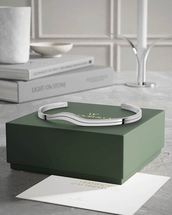 A polished stainless steel bangle in silver from Waldor & Co. One size. The model is Azur Bangle Polished.