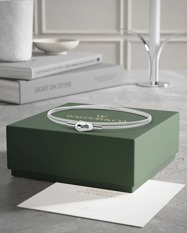 A polished stainless steel bangle in silver from Waldor & Co. One size. The model is Como Bangle Dual Polished