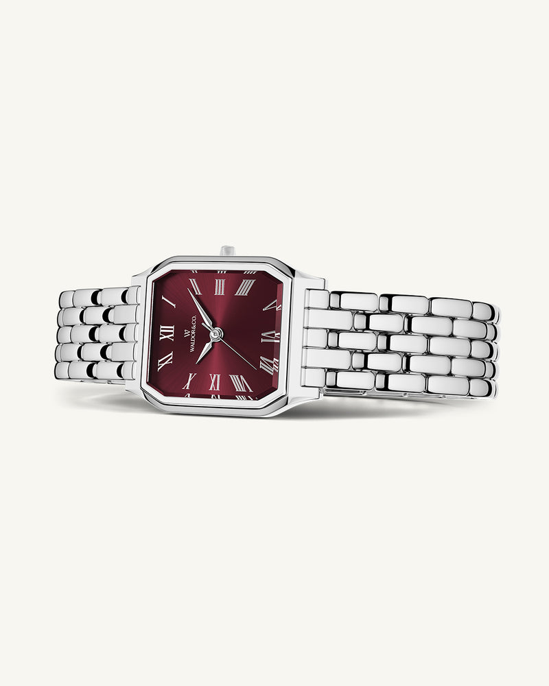 A square womens watch in Rhodium-plated 316L stainless steel from Waldor & Co. with black Diamond Cut Sapphire Crystal glass dial. Seiko movement. The model is Eternal 22 Bellagio.