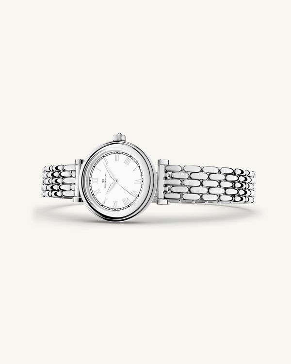 A round womens watch in Rhodium-plated 316L stainless steel from Waldor & Co. with white Sapphire Crystal glass dial. Seiko movement. The model is Venia 24 Villefranche.