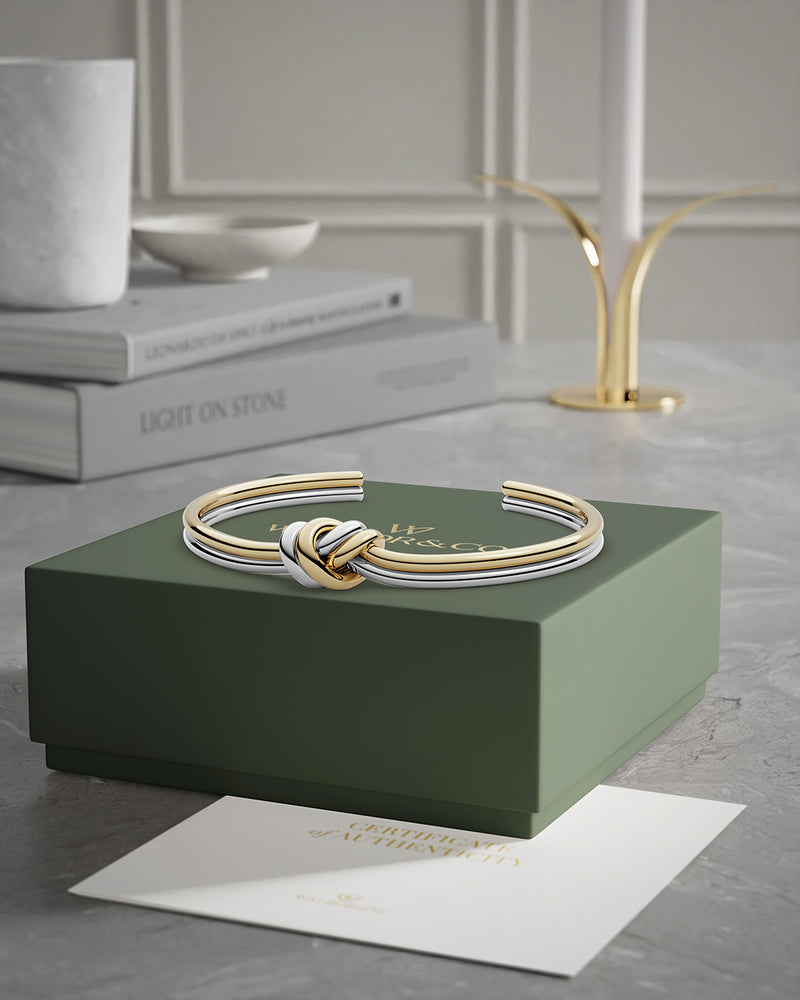 A Bangle in 14k-gold plated and silver polished 316L stainless steel from Waldor & Co. One size. The model is Dual Knot Bangle Polished.